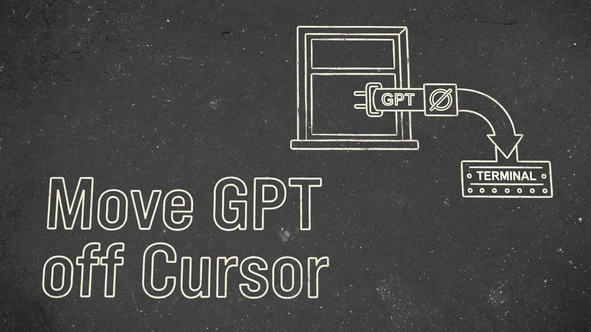 Light chalk on dark asphalt with an unplugged pipe from a window into a terminal and the words Move GPT off Cursor