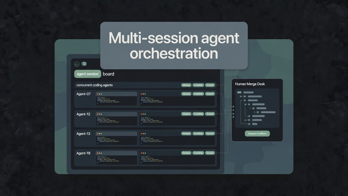 Dark editorial UI of concurrent coding agent session rows with status chips and a merge desk panel, title Multi-session agent orchestration
