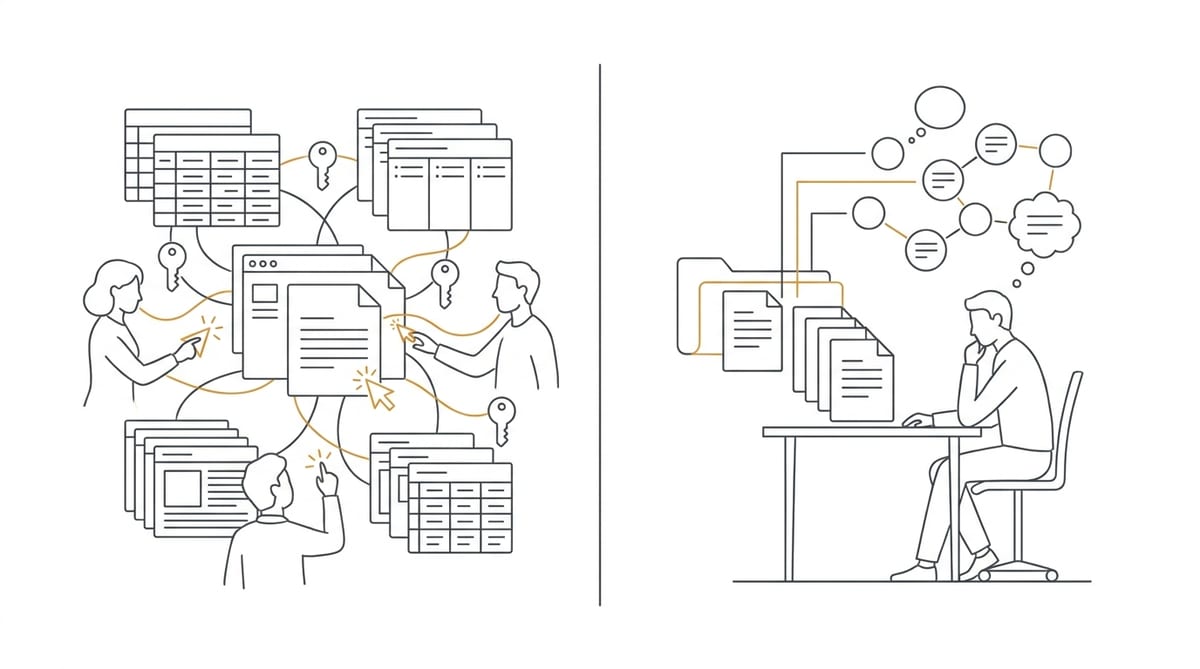 Line-art illustration split in two: on the left a team editing one document inside a lattice of database tables, board views and permission keys; on the right a single person at a desk with a folder of plain text files linked to a small constellation of notes.