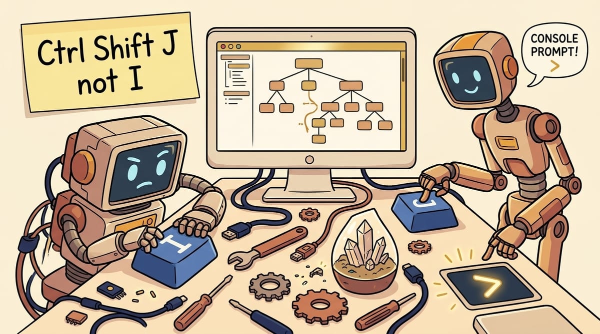 Two comic robots at a cream desk, one hitting last panel, one hitting J, a monitor sticky lettered Ctrl Shift J not I
