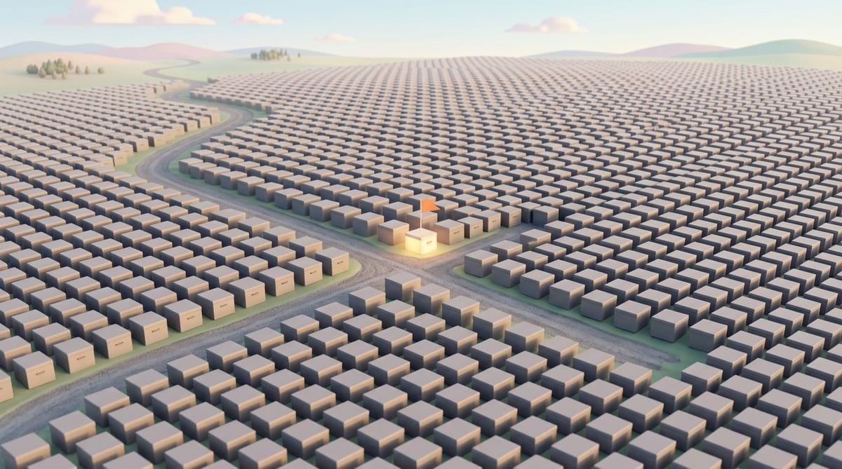 A vast field of thousands of identical grey boxes stretching to the horizon, with one box lit and flagged at a crossroads near the centre