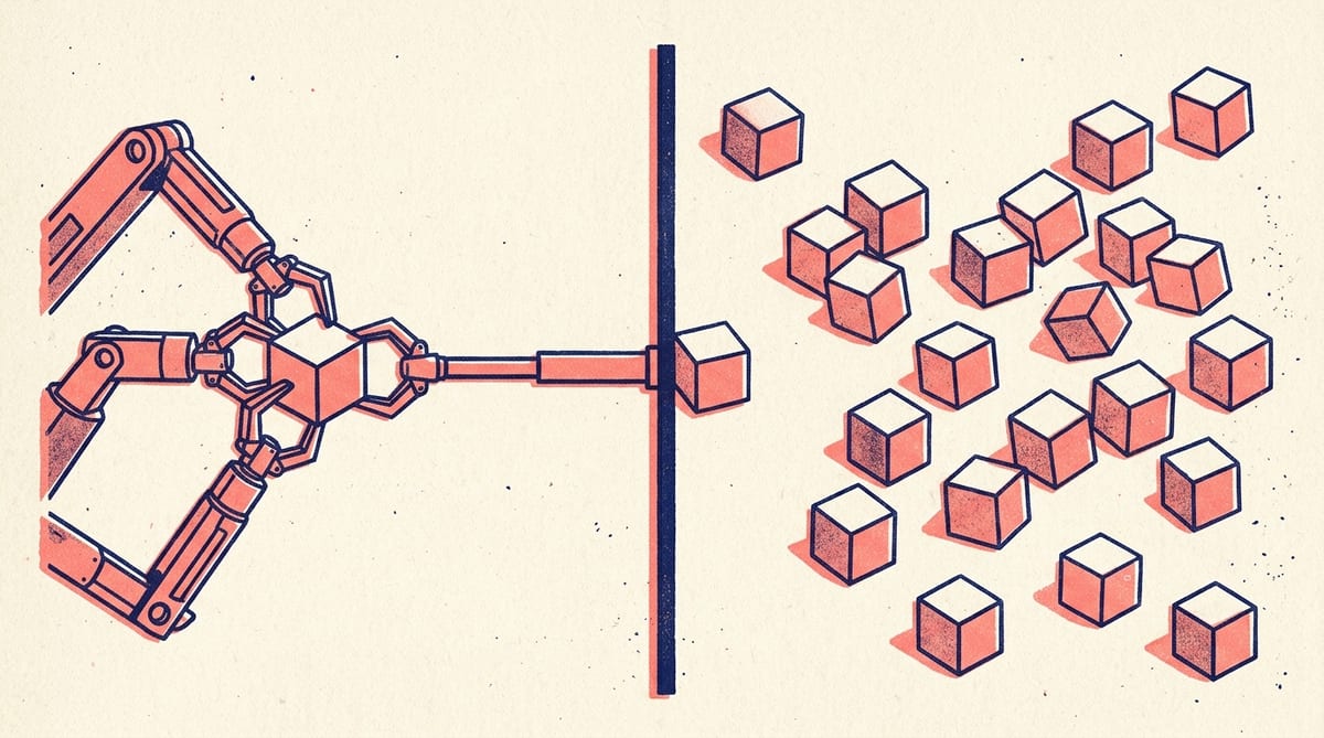 A risograph print in coral and navy where mechanical arms grip one cube on the left of a heavy vertical line while twenty loose cubes lie scattered beyond it, untouched