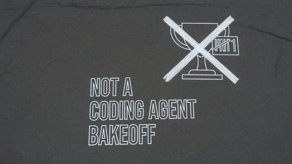 Light chalk trophy crossed with an X on dark asphalt, lettered not a coding agent bakeoff