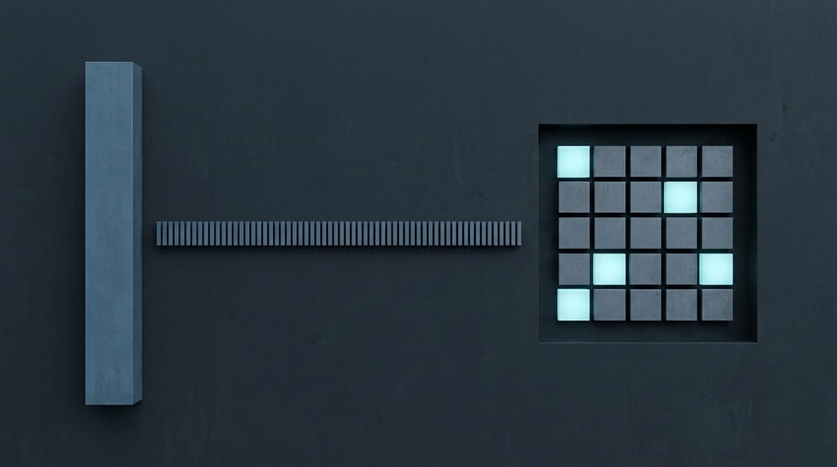 One tall slate bar towering over a long row of tiny flat bars, beside a five by five grid of dark squares with five of them lit in cyan