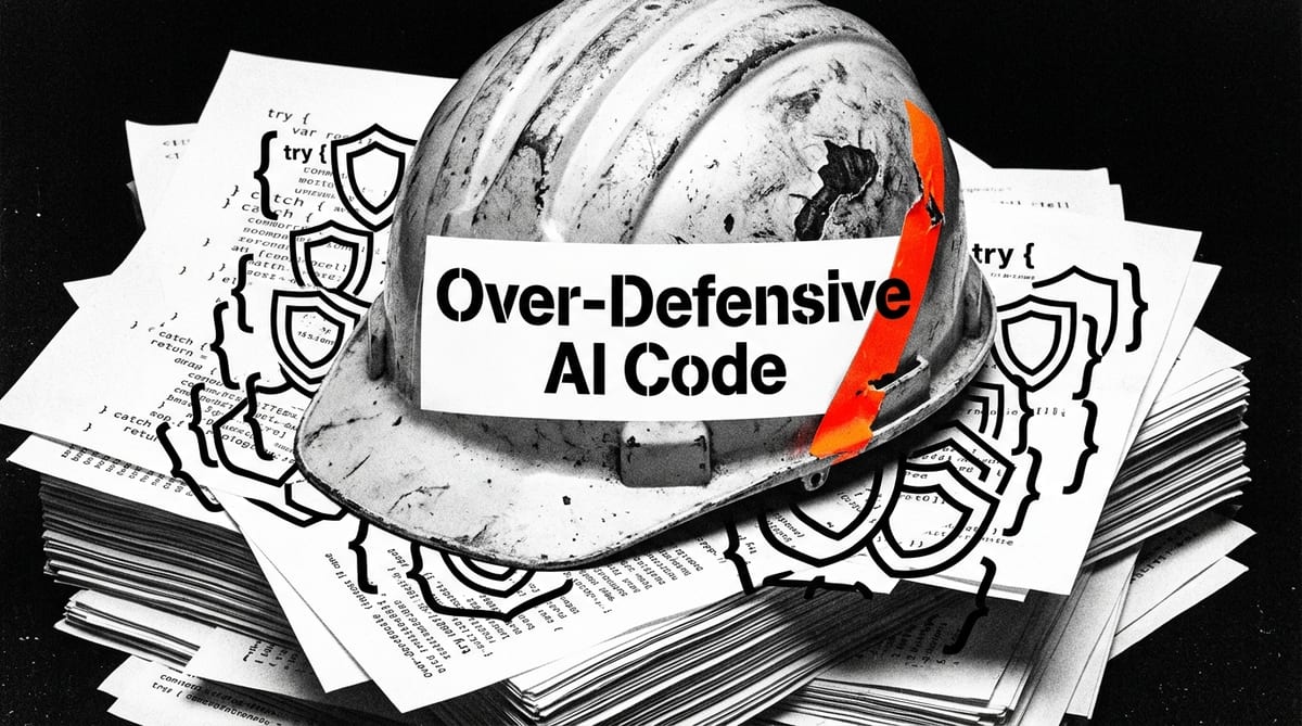 Brutalist hard hat on code printouts with nested shield icons, stencil lettering Over-Defensive AI Code on the hat face