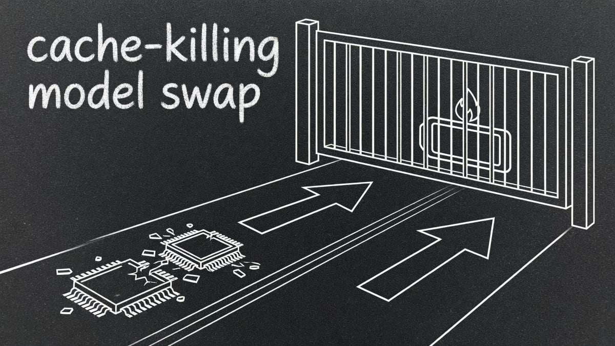 Light chalk on dark asphalt with a barred gate across a model-swap arrow and the words cache-killing model swap