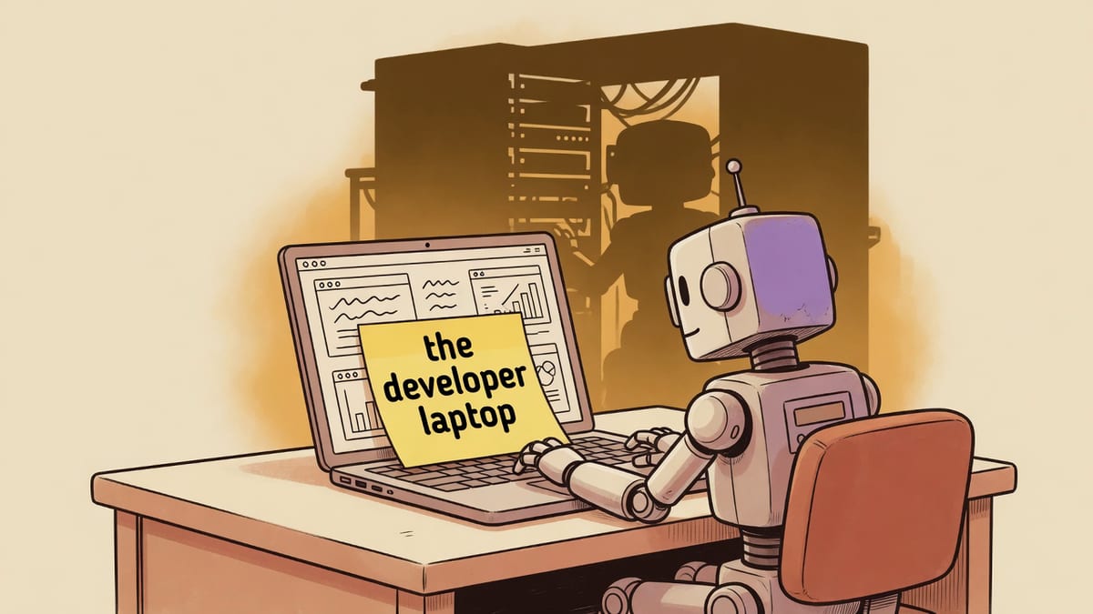 Ink robot at a cream desk looking at a laptop while a dim cluster sits ignored in the background