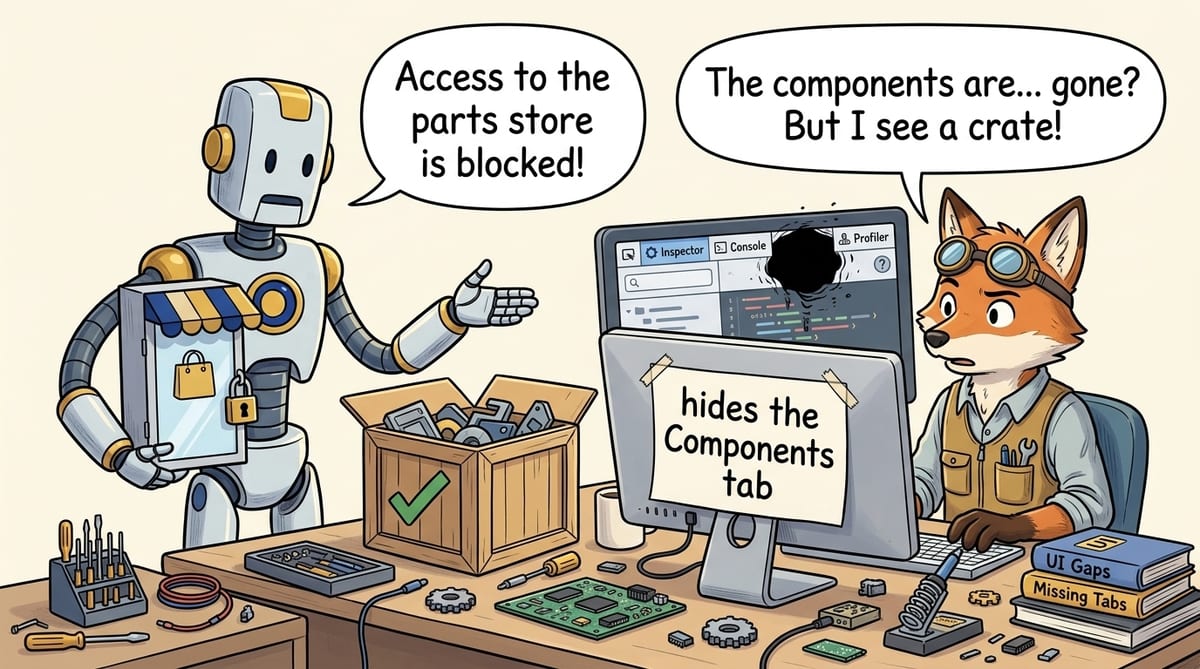 Cream comic of a fox at a monitor with a hole in the tab strip and a second character holding a locked store door
