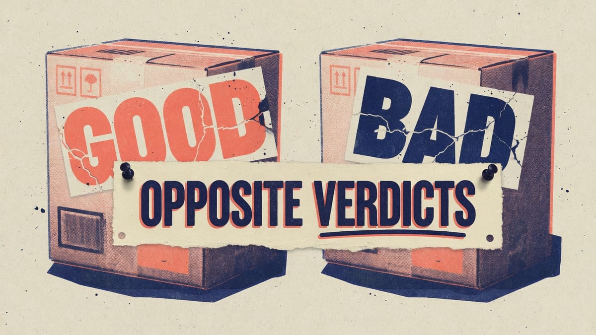 Risograph-style poster of two identical model packages stamped GOOD and BAD with a torn strip reading opposite verdicts
