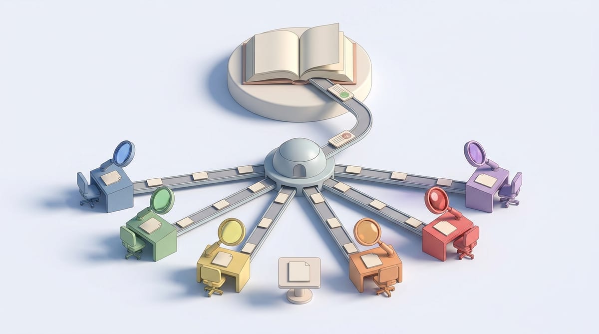 Isometric miniature scene of six colored reviewer desks, each with a magnifying lens, sending report cards along tracks into a central merge hub that loops one verdict card back to an open rulebook on a pedestal