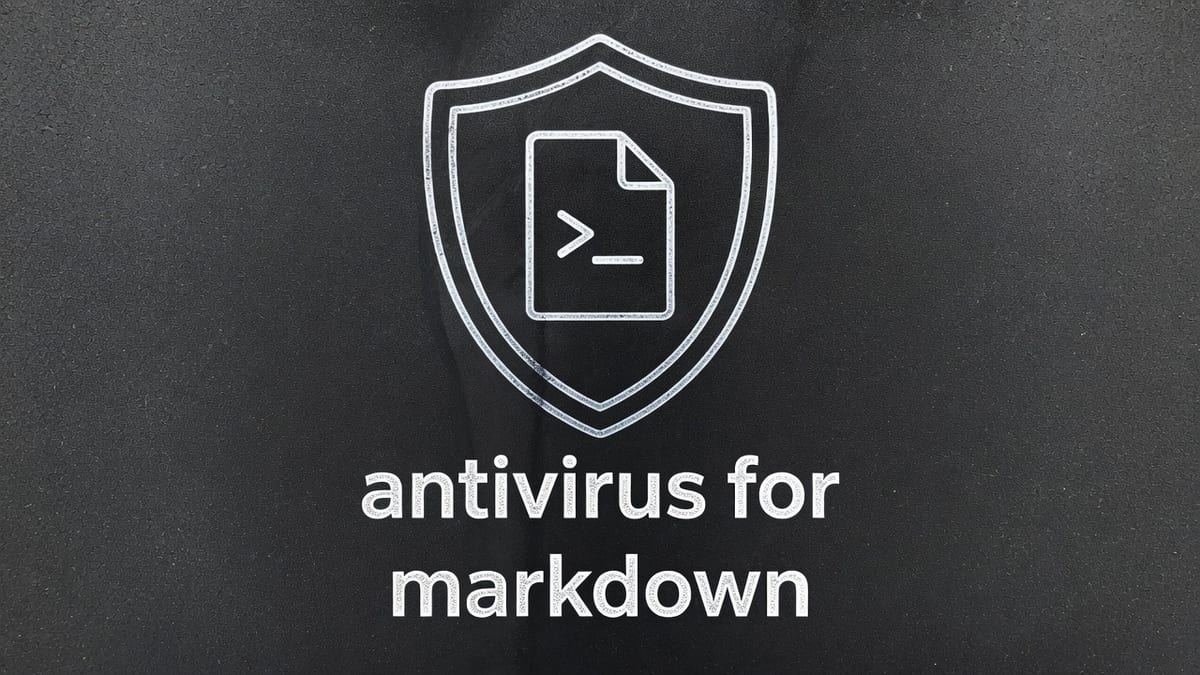 Light chalk shield over a folded markdown page on dark asphalt with the words antivirus for markdown