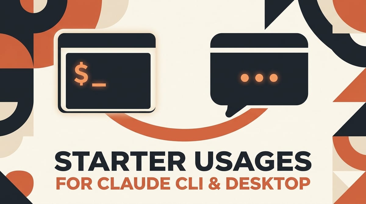 A flat vector illustration of a terminal window and a chat bubble window connected by a bold arc, in terracotta orange, charcoal, and cream