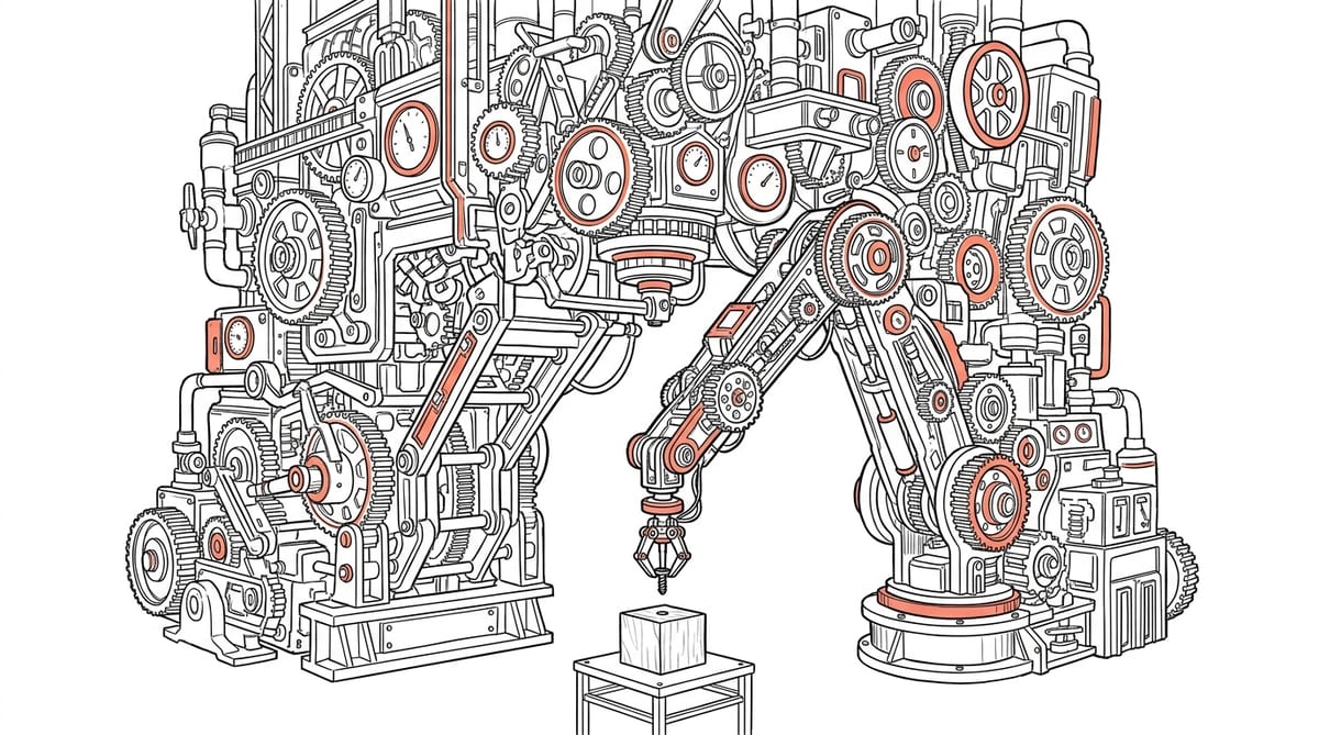 An enormous line-drawn machine of gears, belts and gauges reaches down with a single arm to place one tiny screw into a small wooden block.