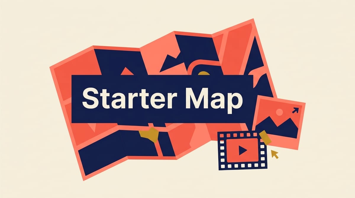 Flat vector scene of a tourist map next to a still frame and film strip with Starter Map lettered on a navy map block