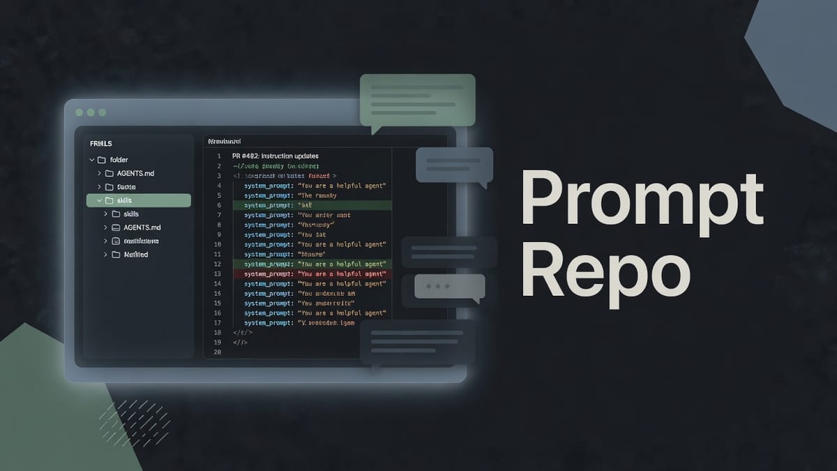 Dark editorial UI of a monorepo file tree highlighting AGENTS.md beside a PR panel, with Prompt Repo lettered on the right