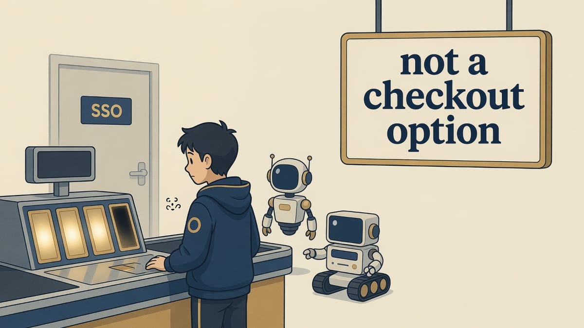 Editorial comic of a student at a till with three lit slots and an empty fourth, a campus SSO door behind, and a store sign lettered not a checkout option