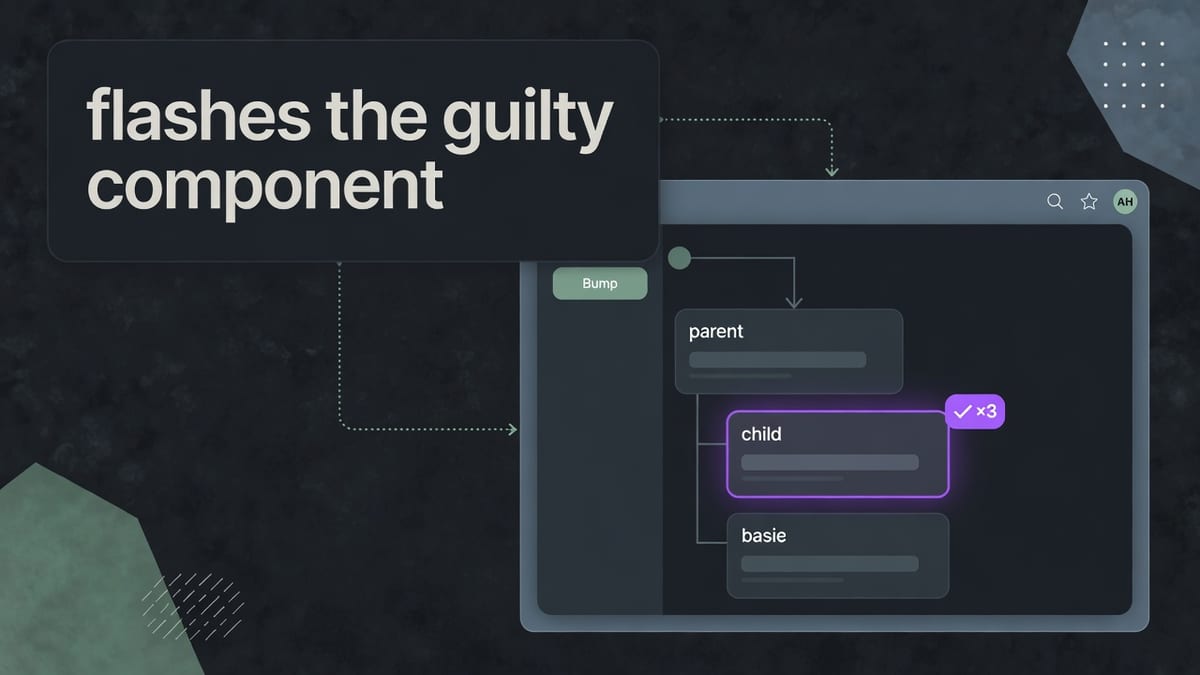 Dark editorial mockup of a React page with a purple outline around one child card and the words flashes the guilty component