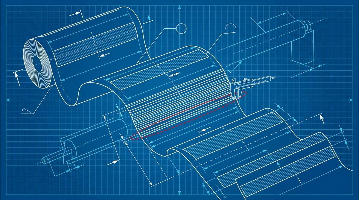 An unrolled printed invoice drawn as a blueprint schematic, its line items shown as measured bands of very different widths with calipers clamped onto the thinnest one