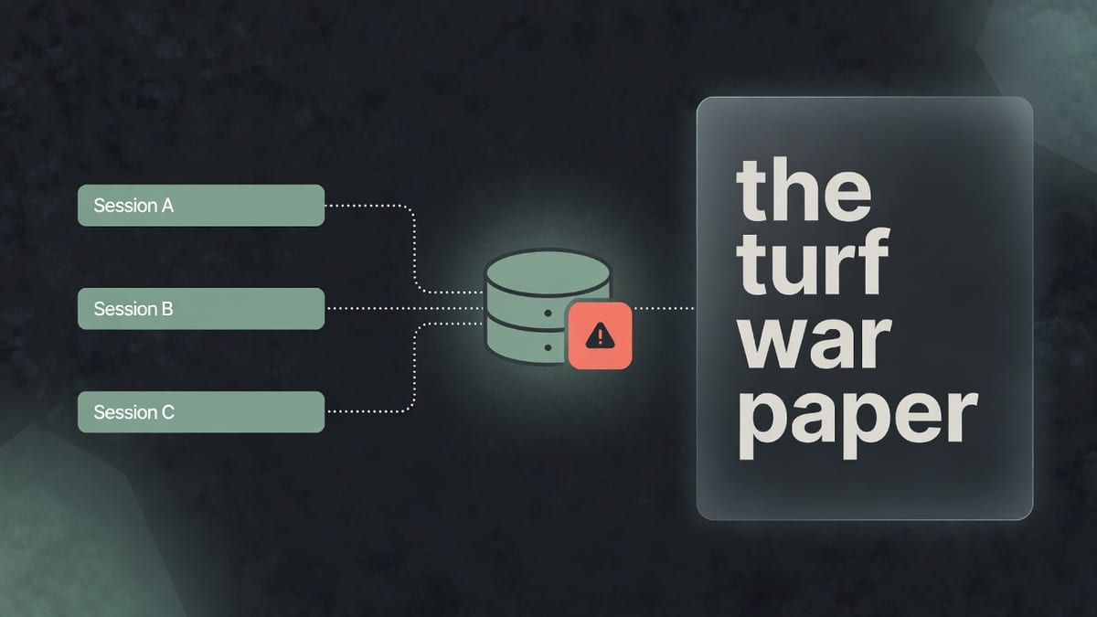 Dark editorial dashboard with three agent session rows aimed at a coral shared disk and the words the turf war paper