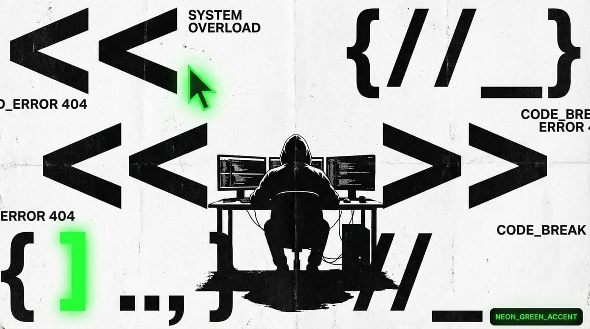 Brutalist black and white graphic of oversized TypeScript angle brackets and generic symbols crushing a developer at a keyboard, with one neon green accent