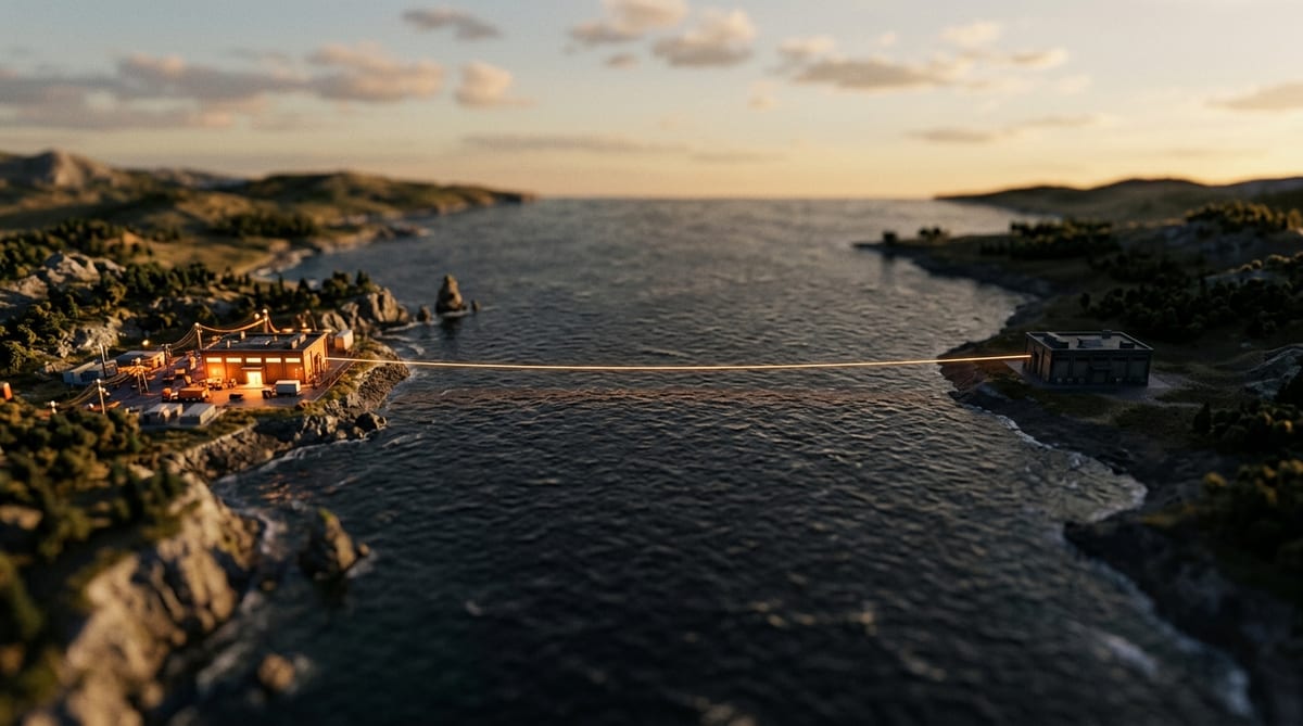 A miniature tilt-shift landscape where a lit data centre on one shore connects across dark water to a dim building on the far shore by a single glowing cable