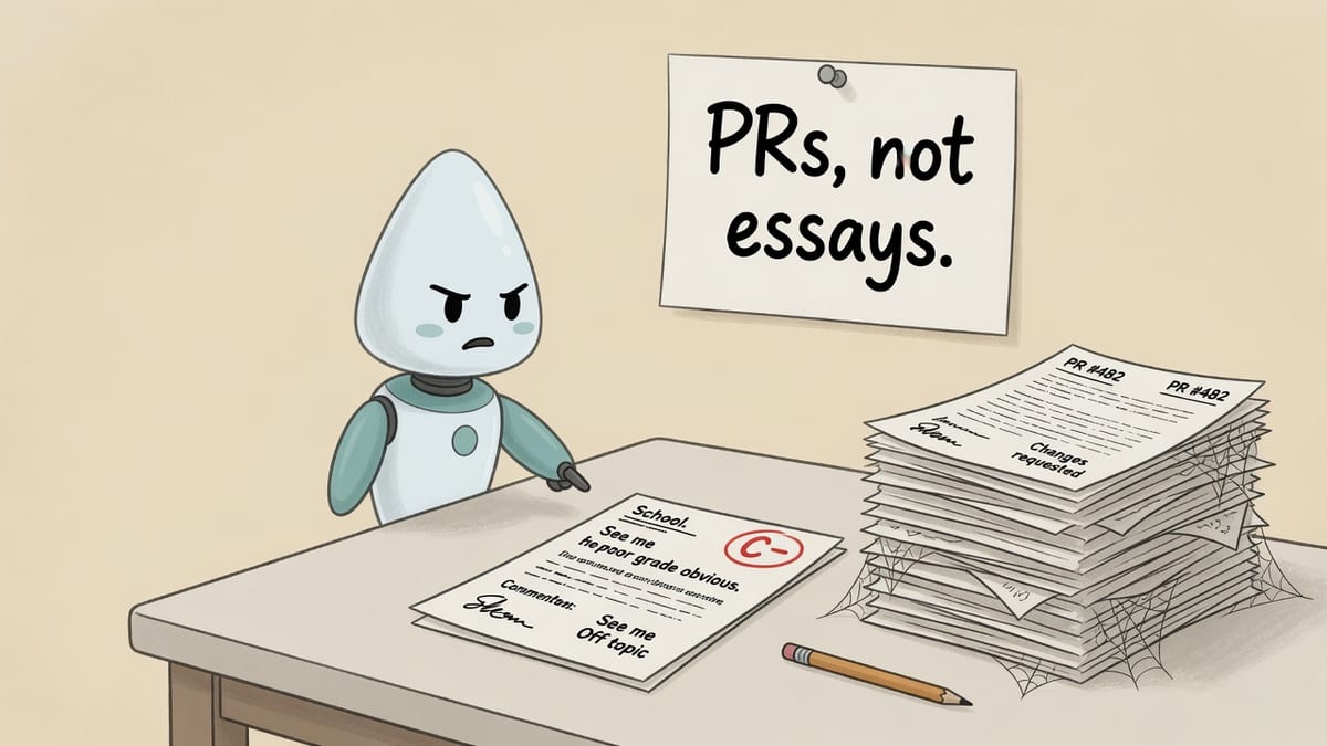 Two robots at a cream desk, one pointing at a stamped essay while a stack of pull request papers sits ignored, with a note card reading PRs, not essays