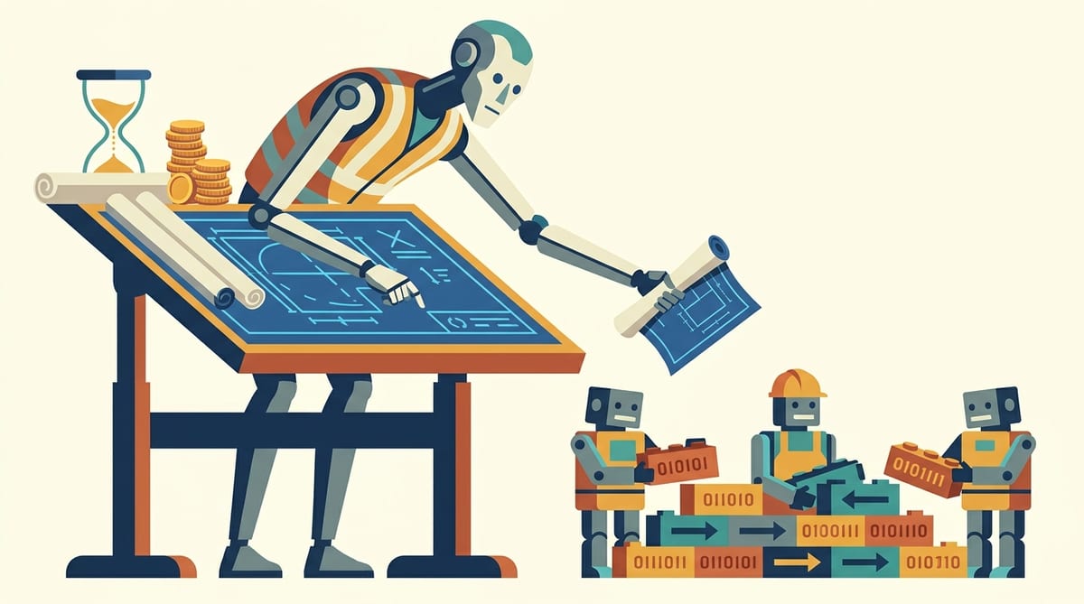 Flat vector illustration of a tall architect robot at a drafting table handing blueprint plans down to a line of smaller worker robots building with code bricks