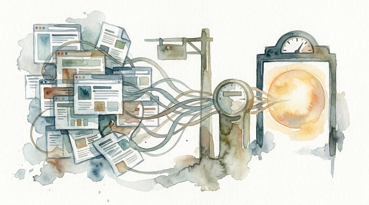 Watercolor illustration of tangled browser windows and data streams being pulled into a glowing AI core, with a toll gate and meter regulating the flow between them
