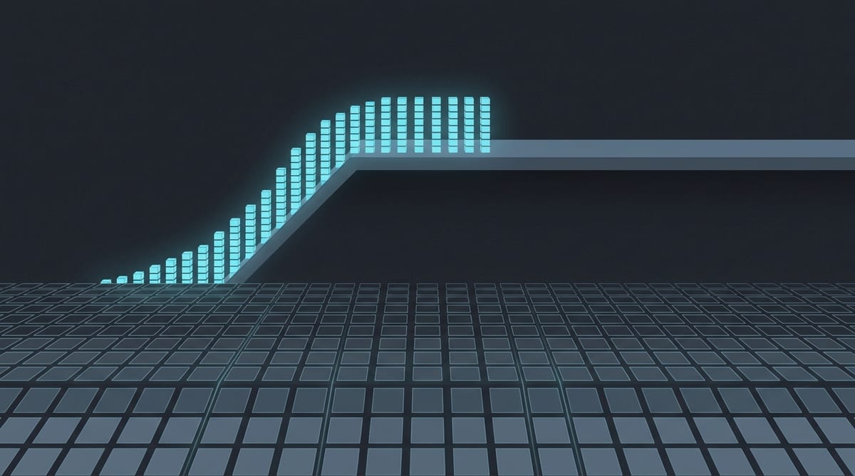 A glowing cyan bar curve climbing steeply then flattening onto a long shelf above a wide empty grid floor