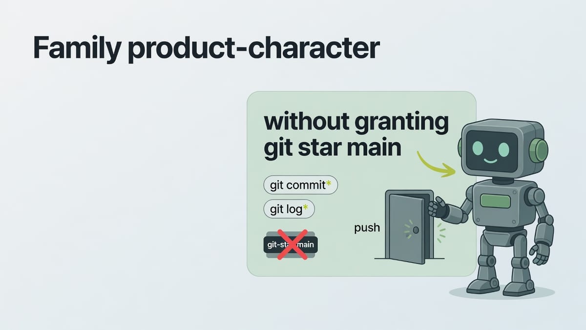 A small robot beside a cream settings card lettered without granting git star main, with commit and log pills open and a closed push door