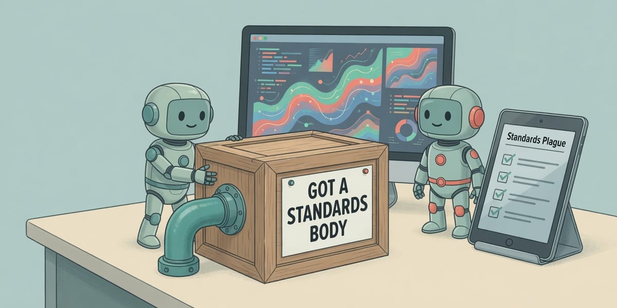Two comic robots at a cream desk sliding a protocol crate toward a standards plaque, leftover teal pipe still plugged into the old desk, paper sign lettered got a standards body