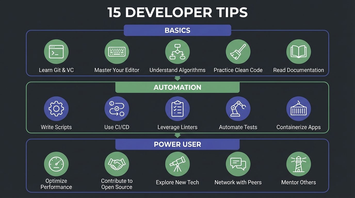 15 Claude Code tips organized in three tiers with icons