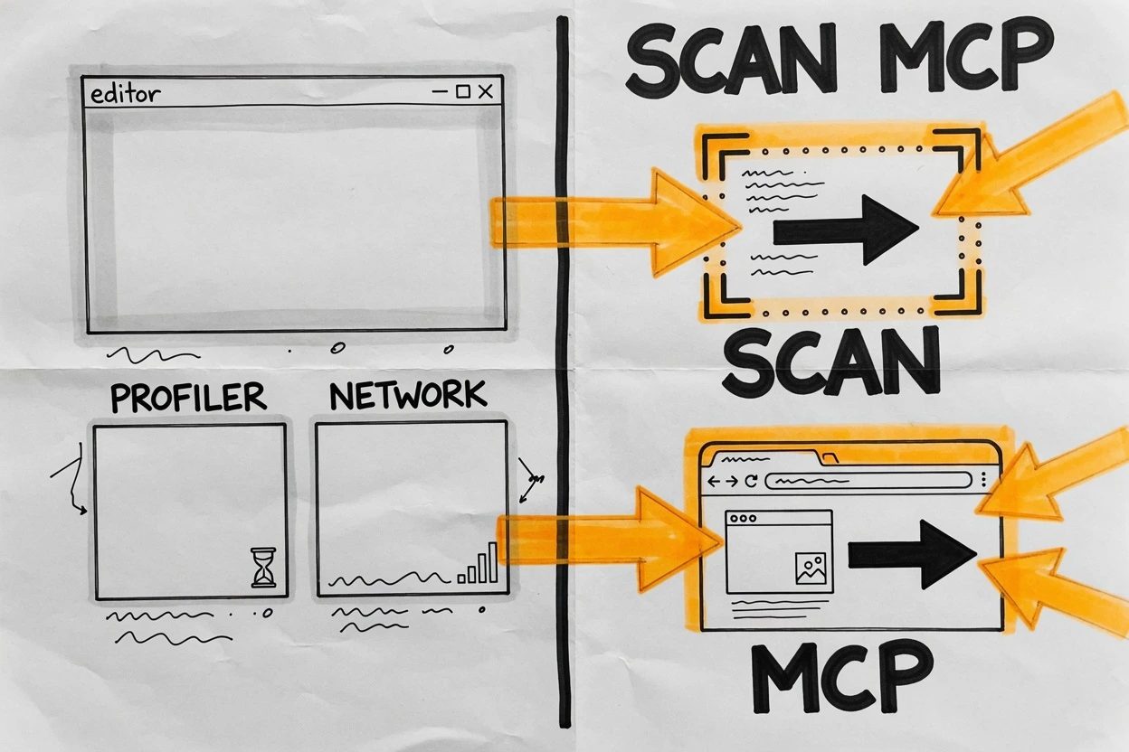 Crumpled paper drawing of an open editor with an empty Find drawer, an index card labeled jbcontext, and a crate labeled CONTAINER holding the terminal.