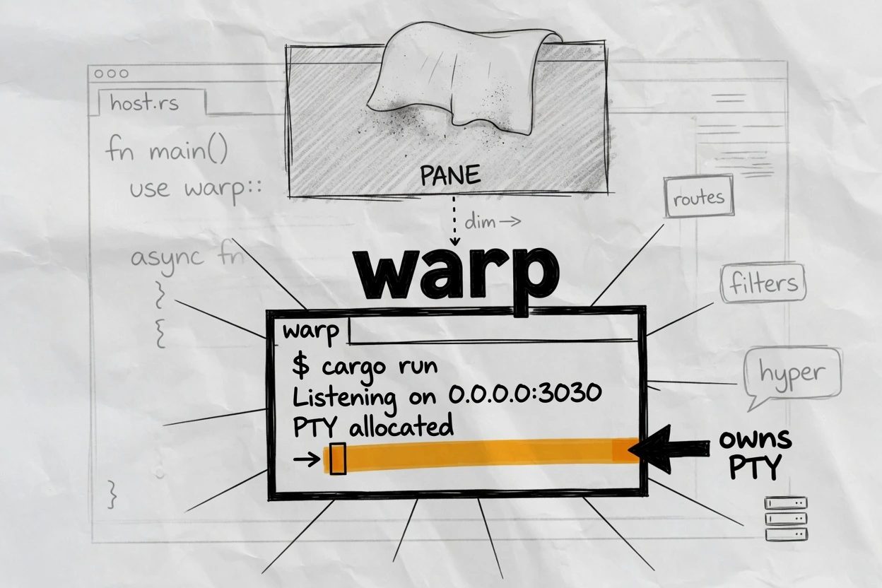Crumpled paper drawing of a dusty agent pane over a live terminal labeled warp, with the editor window still open in the background.