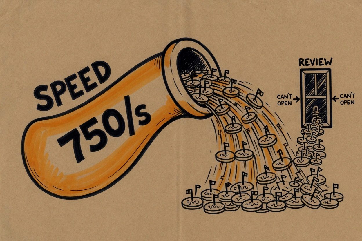 A fat amber SPEED pipe marked 750/s dumping token ticks into a skinny REVIEW window on brown kraft paper