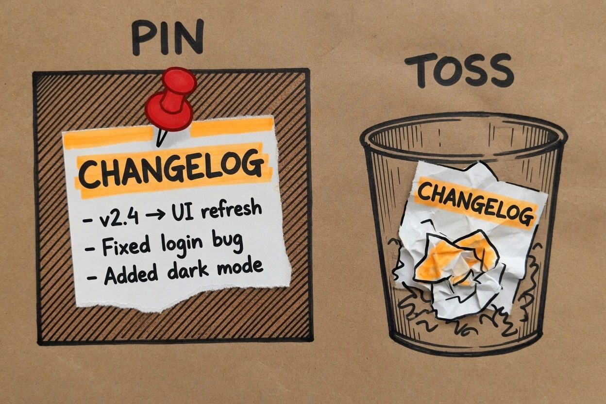 A CHANGELOG scrap pinned to a review board on the left and crumpled in a trash can on the right