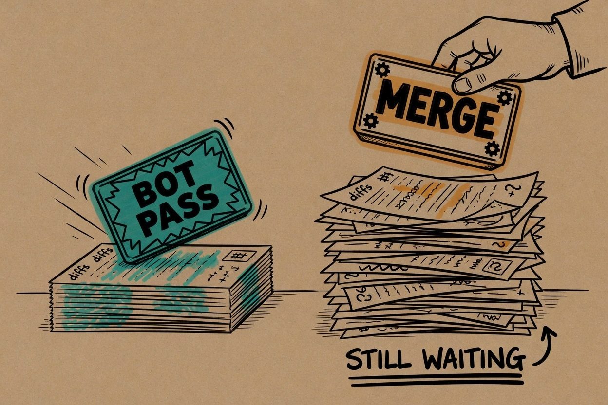A BOT PASS stamp on a short stack beside a hand holding a MERGE stamp over a taller unread pile