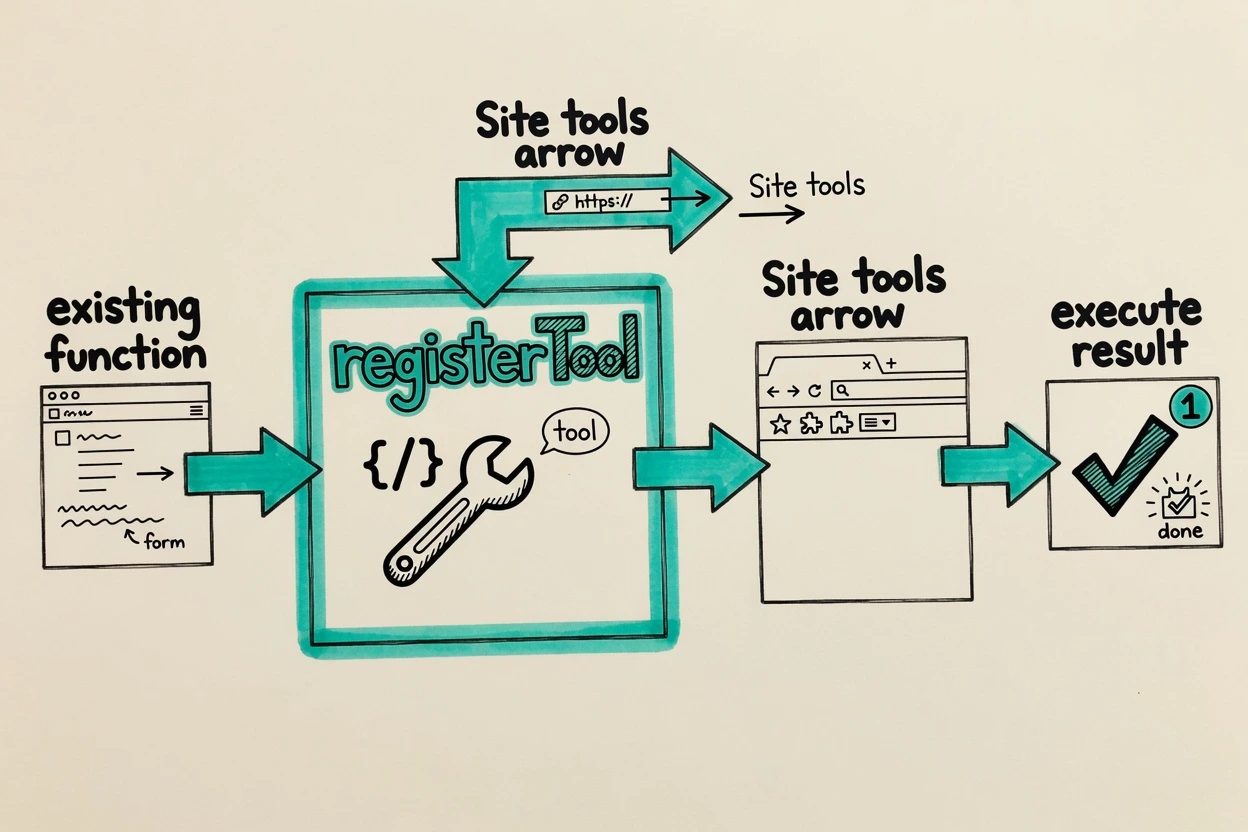 Sketchnote pipeline from an existing function through registerTool and a Site tools arrow to an execute result