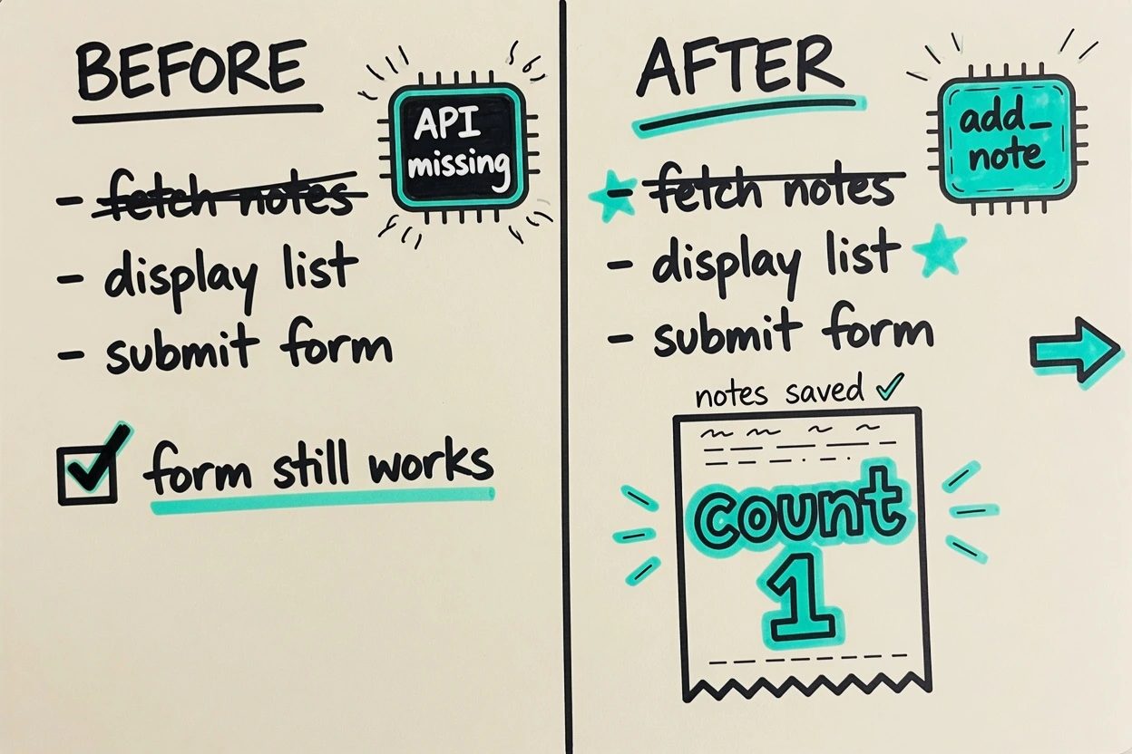 Sketchnote split of a notes page with the API missing on the left and add_note returning count 1 on the right