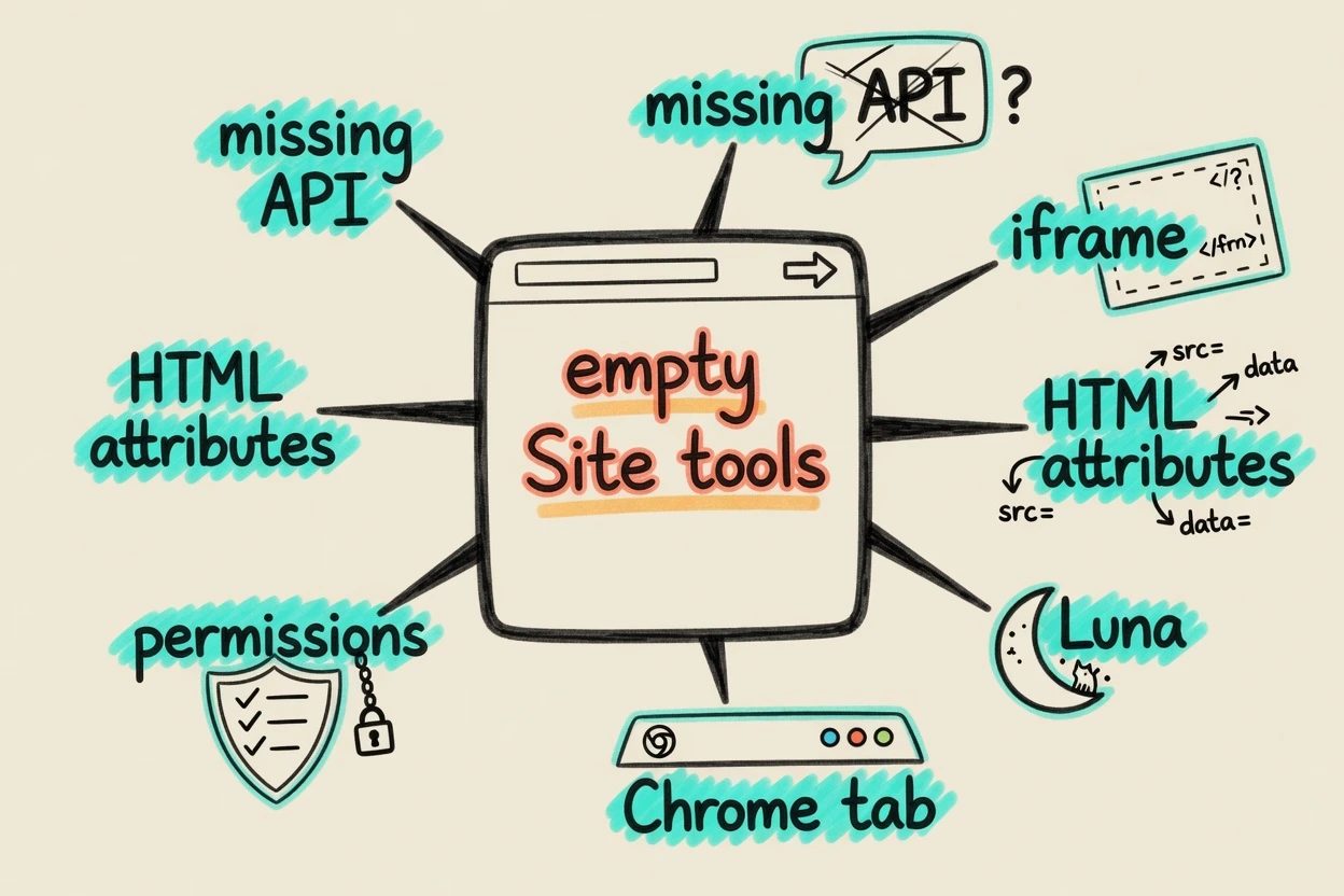 Sketchnote hub with an empty Site tools menu and spokes for missing API, iframe, HTML attributes, Luna, Chrome, and permissions