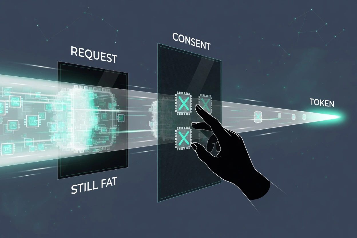 A fat request beam of scope chips hitting a consent glass, then a thinner token beam leaving to the right