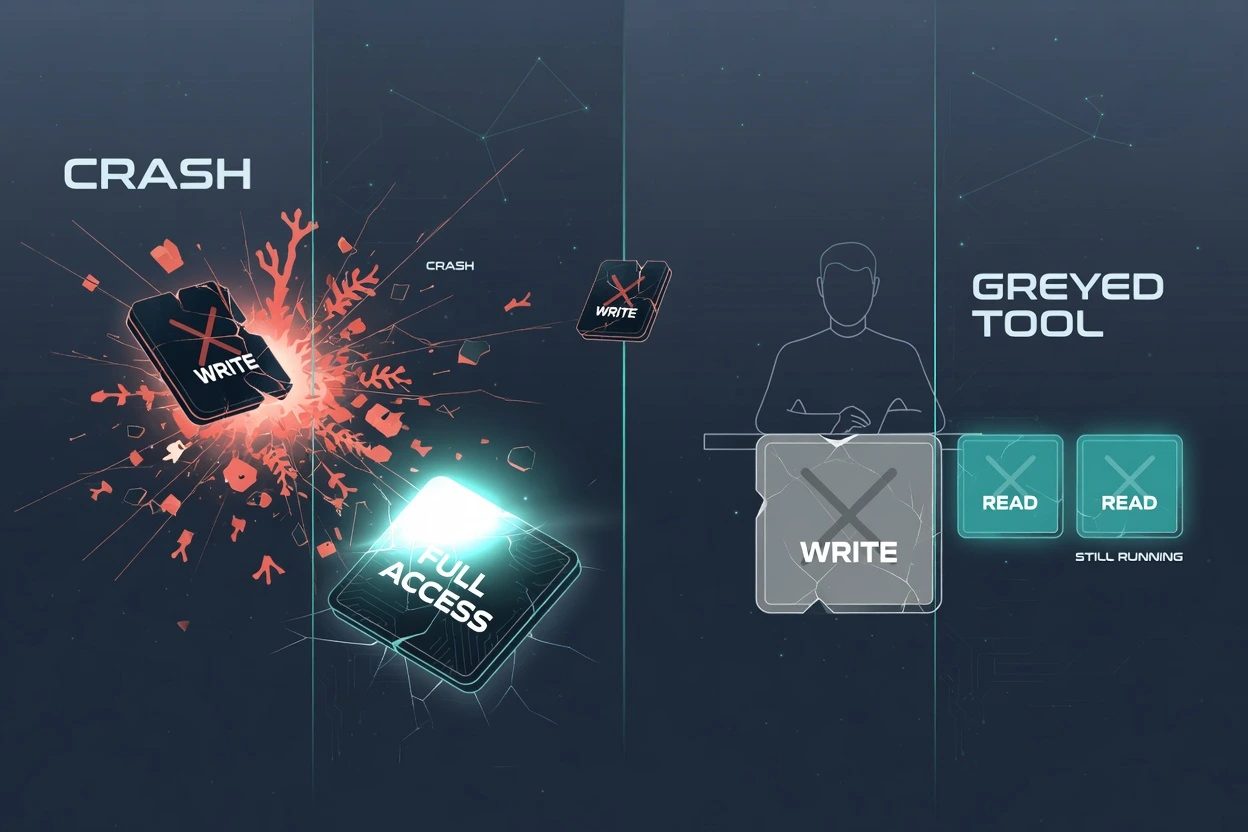 A coral crash into a slammed Full access chip on the left, and a greyed write tool with teal read tools still running on the right