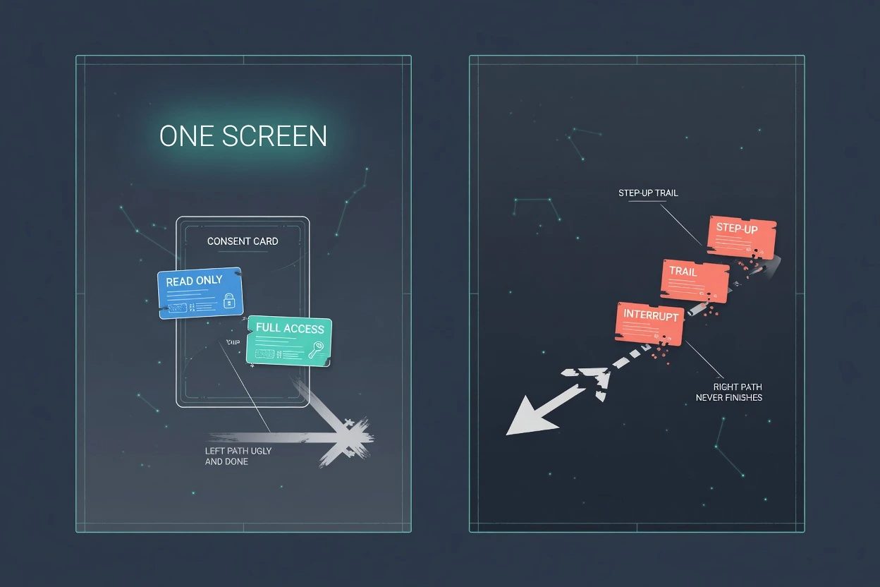 A lit one-screen consent card beside a dim trail of coral popups cutting a running job arrow