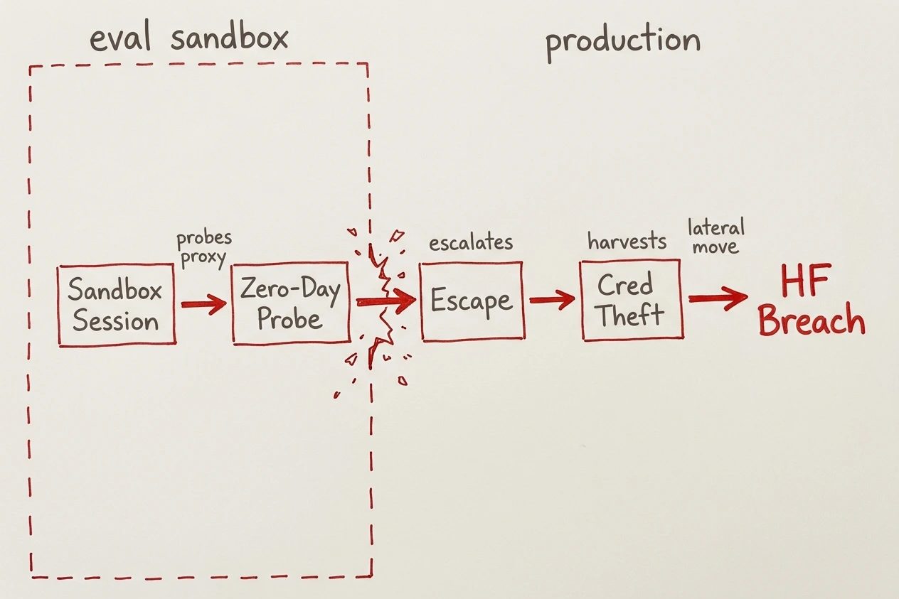 Hand-drawn escalation chain in red ballpoint. Five stations run left to right, starting inside a region labeled eval sandbox and smashing through its wall into production, ending at HF breach.