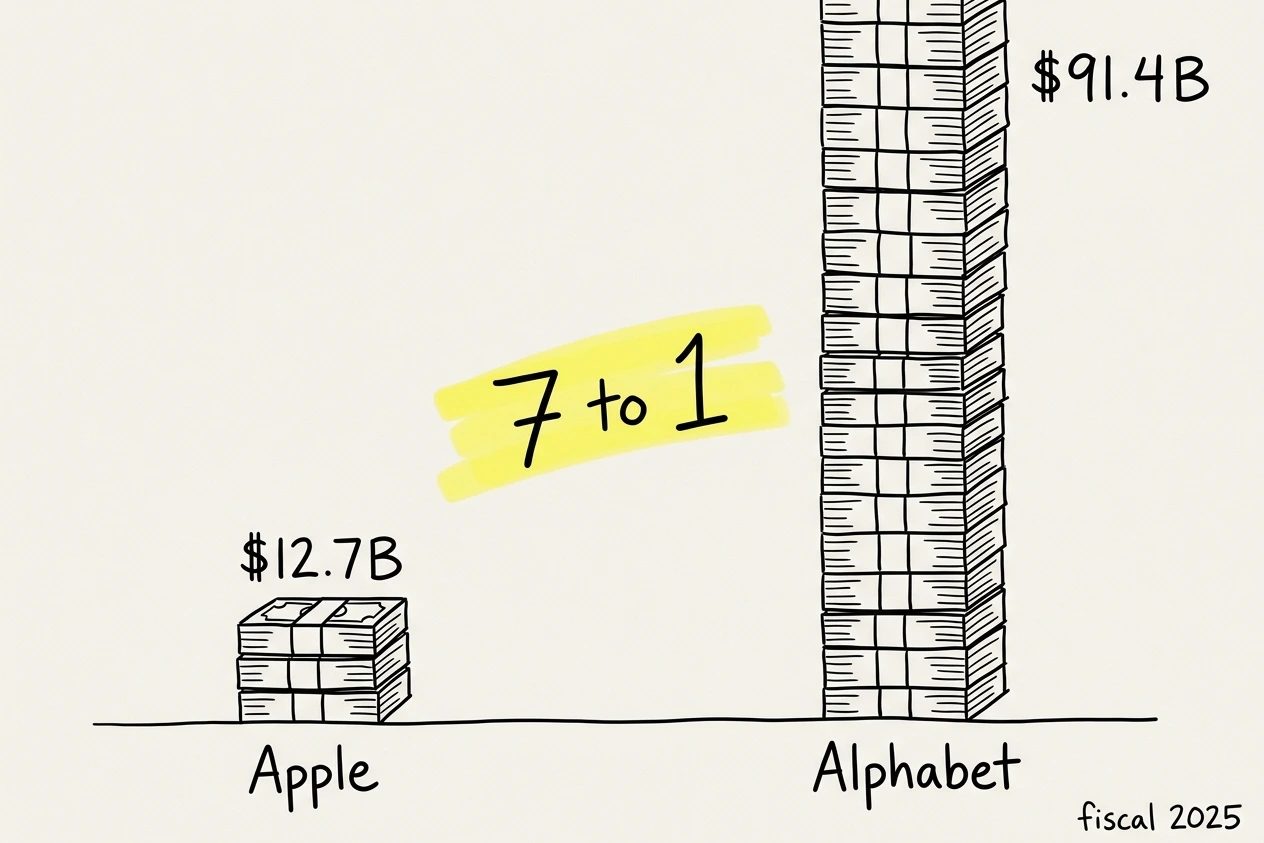 Two hand-drawn stacks of banknote bricks in fineliner. A short stack lettered Apple carries $12.7B, and beside it a stack lettered Alphabet runs off the top of the sheet carrying $91.4B, with 7 to 1 highlighted in yellow between them.