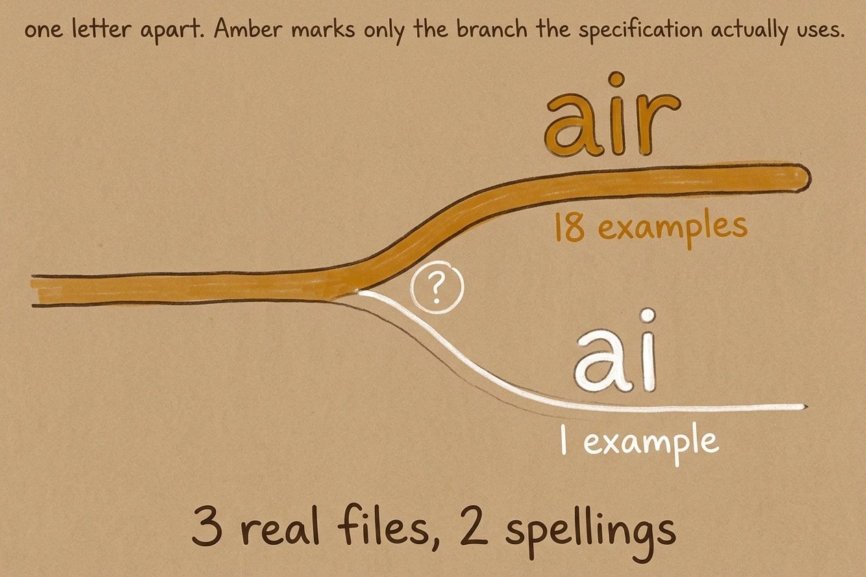 A path forks into a thick amber branch lettered air carrying 18 examples and a thin white branch lettered ai carrying 1 example, with a question mark at the fork