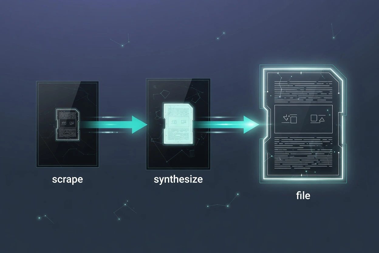 Left to right glass pipeline labeled scrape, synthesize, and file, with teal glow riding the path to the file card