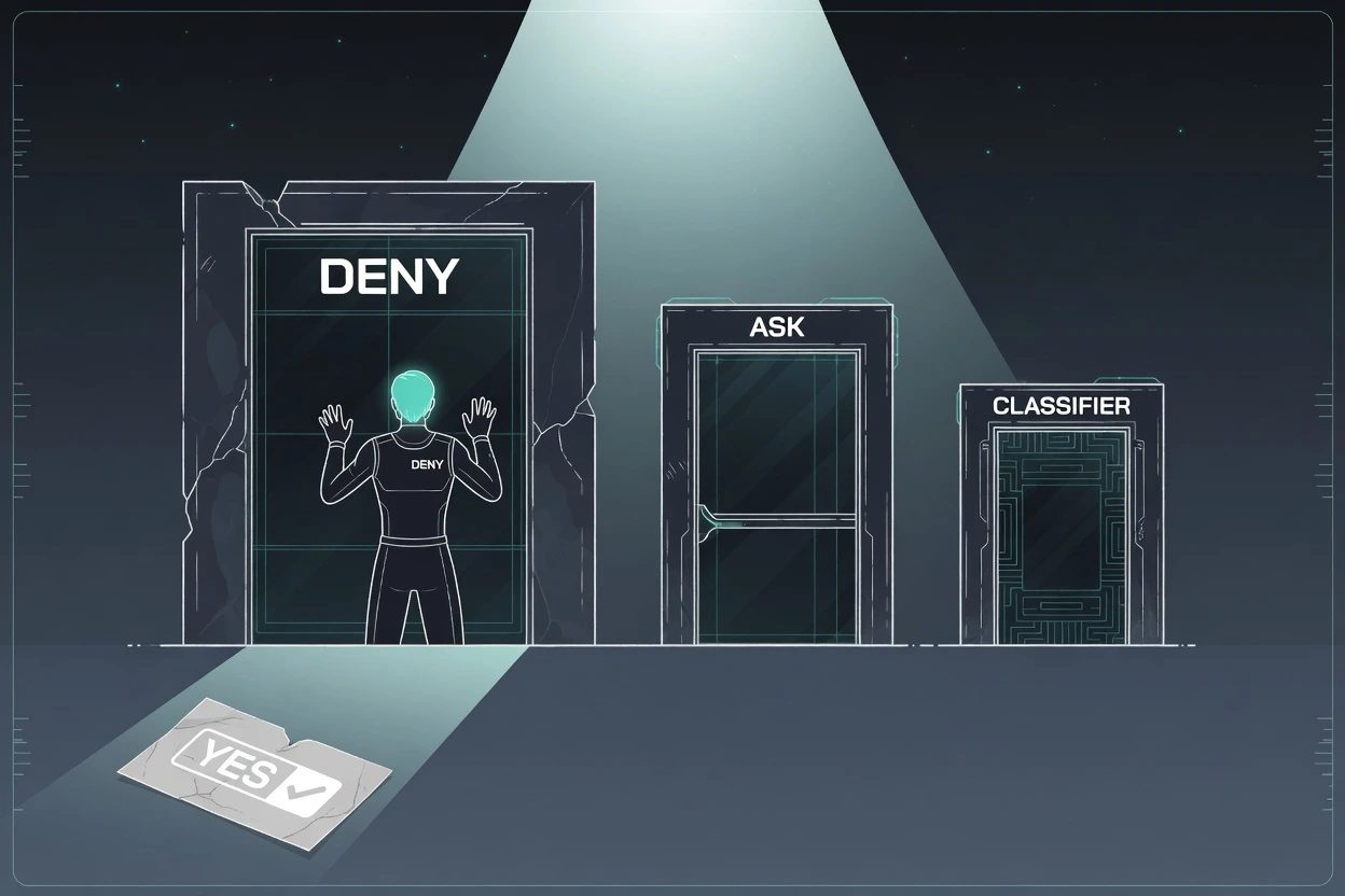 Three sequential gates labeled deny, ask, and classifier, with a discarded yes dialog in the corner
