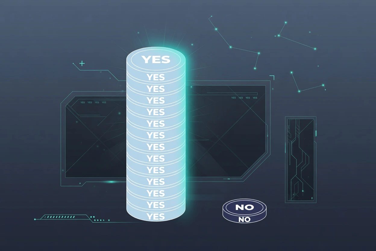 A tall teal stack of Yes chips beside one small dim No chip on a slate HUD panel