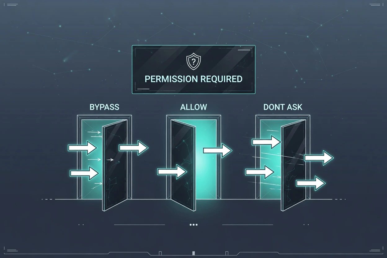 A dim permission dialog with three side doors labeled bypass, allow rule, and dont ask, with traffic going through the doors